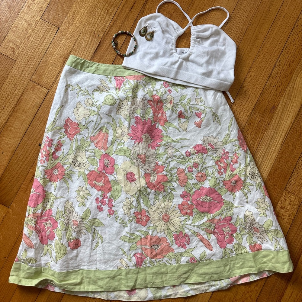 elegant white/pink/green floral midi skirt by ann taylor loft !!
